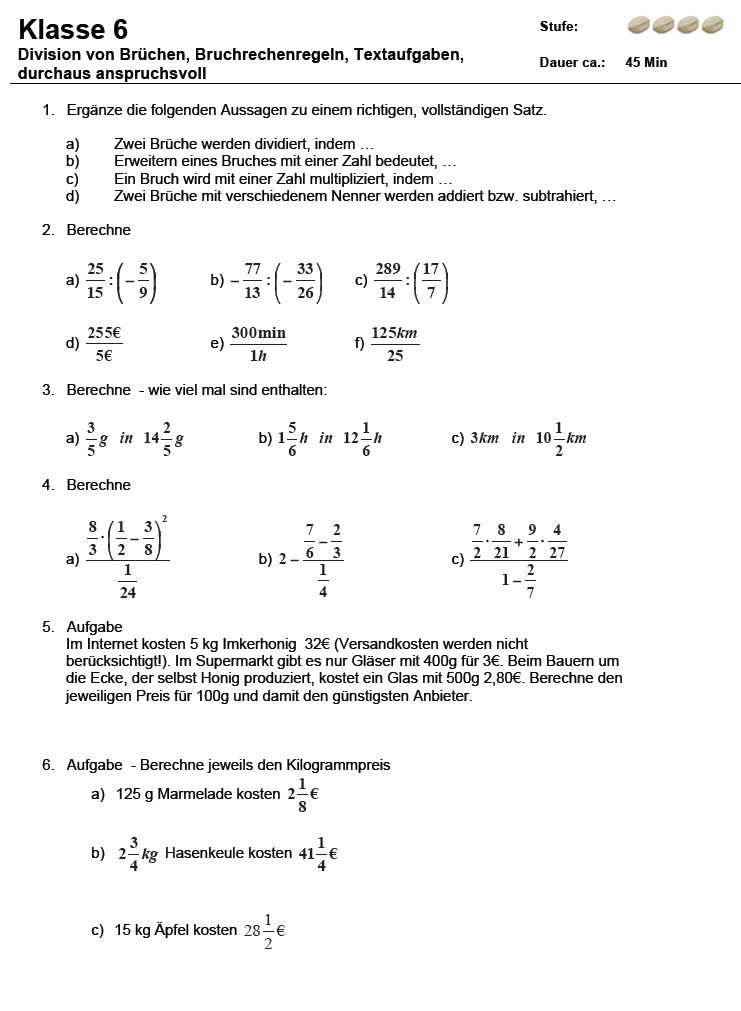 anspruchsvolles Arbeitsblatt Bruchrechnung 6. Klasse