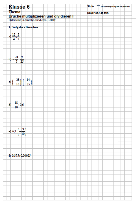 Arbeitsblatt Bruchrechnung Klasse 6