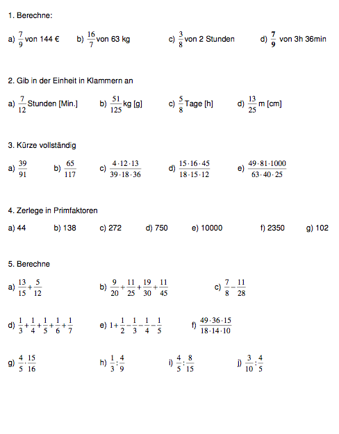 Arbeitsblatt Bruchrechnen Wiederholung