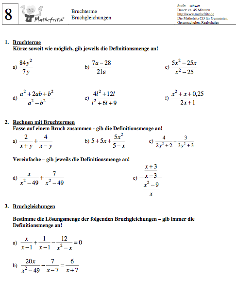 Matheaufgaben Bruchterme Klasse 8