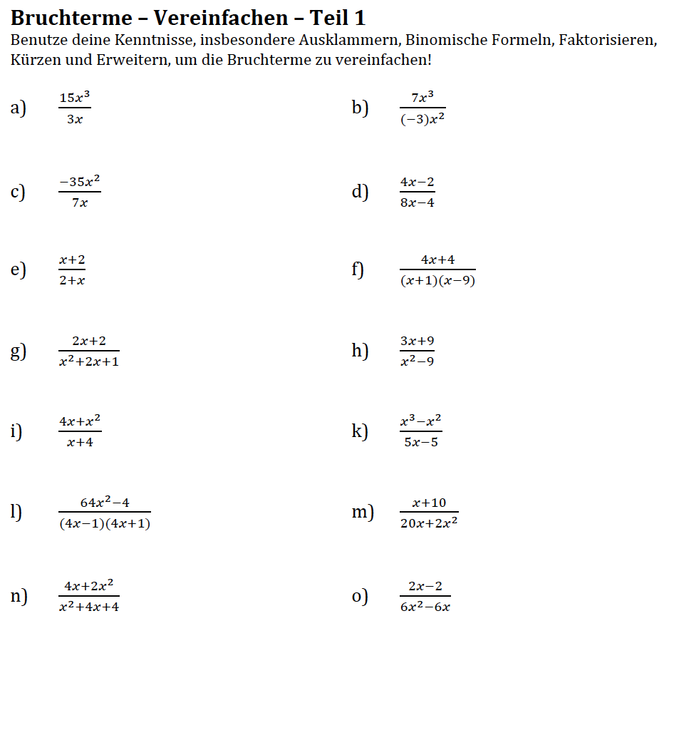 Bruchterme vereinfachen - Arbeitsblatt für die Mathe Klasse 8