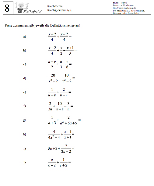 Bruchterme vereinfachen Arbeitsblatt Definitionsmenge bestimmen