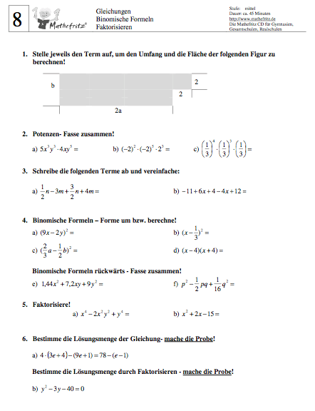 Matheaufgaben Arbeitsblatt Klasse 8 zum Ausdrucken