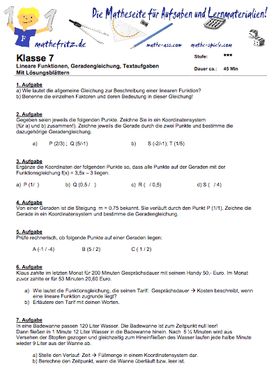 Matheaufgaben Arbeitsblatt Klasse 7 zum Ausdrucken