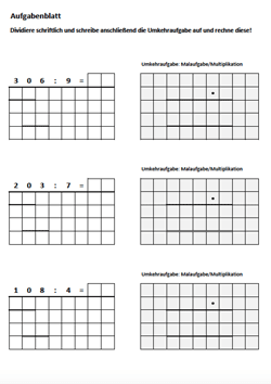 Arbeitsblatt Übungen schriftliche Division und Umkehraufgabe
