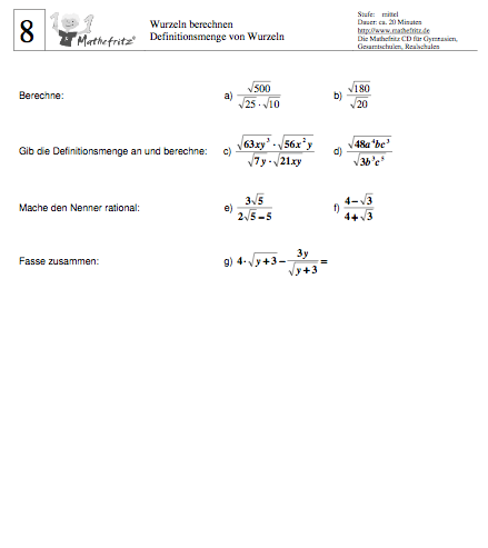 Wurzeln vereinfachen Arbeitsblatt