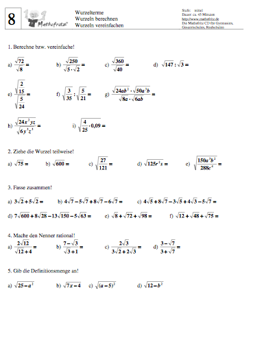 Wurzeln Aufgaben Klassenarbeit Nr. 2