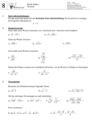 Wurzeln Aufgaben Klasse 9