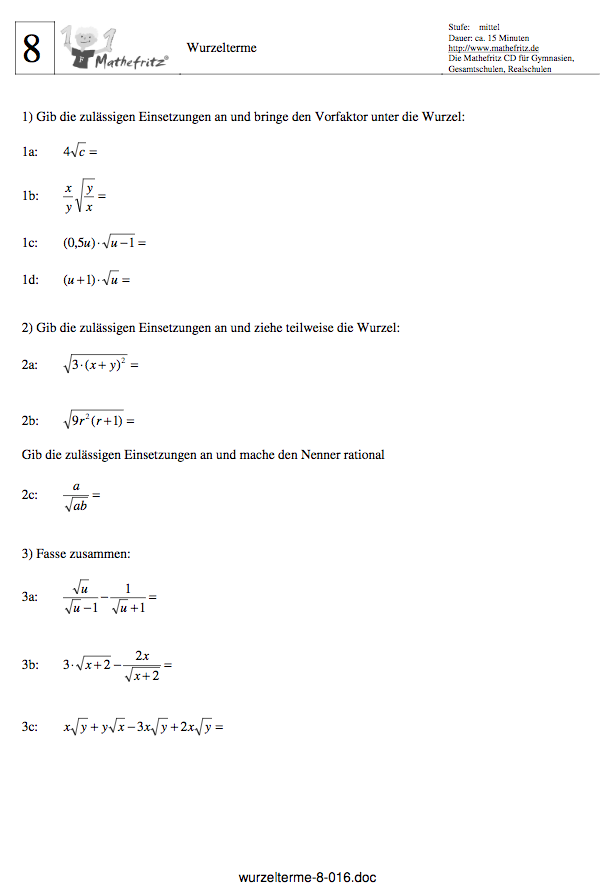 Wurzeln vereinfachen Übungsblatt