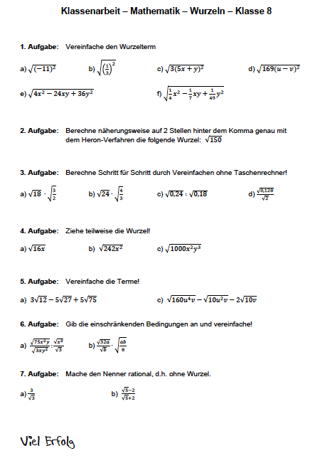 Wurzelterme vereinfachen Übungen