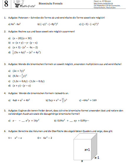 Matheaufgaben Arbeitsblatt Klasse 8 zum Ausdrucken