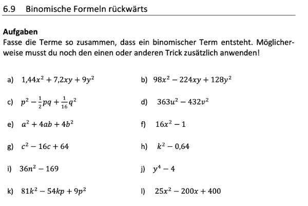 binomische formeln rückwaerts aufgaben pdf