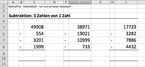 EXCEL Vorlage zur Subtraktion