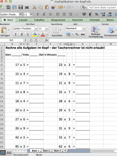 Excel Vorlage zum Erstellen von Kopfrechenaufgaben Arbeitsblättern