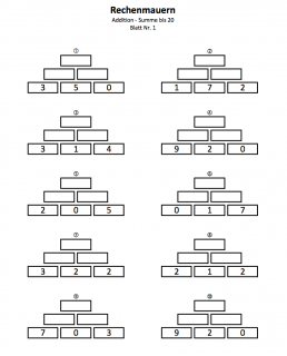 Rechenmauern Zahlenmauern bis Summe 20