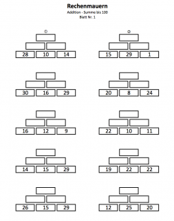 Arbeitsblätter zu Rechenmauern Zahlenmauern bis 100