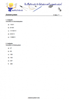 Arbeitsblatt Zweiersystem