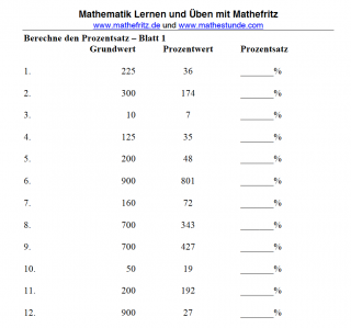 Übungsaufgaben Prozentsatz ausrechnen