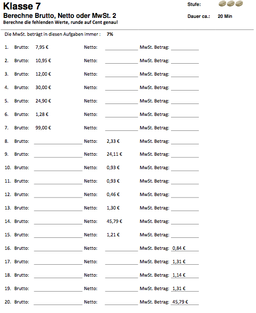 Matheaufgaben Arbeitsblatt Klasse 7 zum Ausdrucken