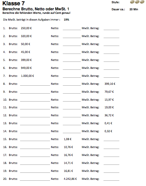 Matheaufgaben Arbeitsblatt Klasse 7 zum Ausdrucken