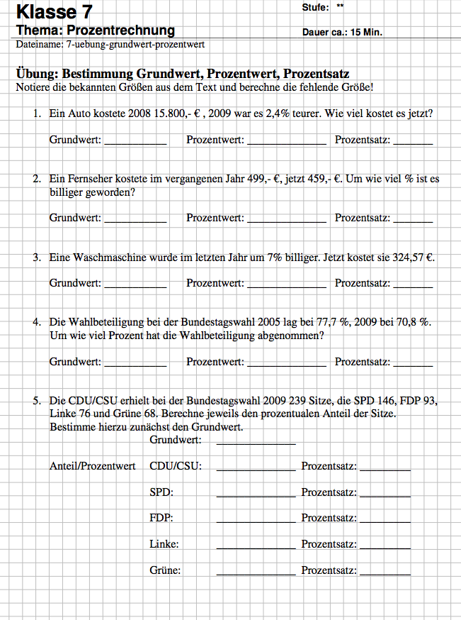 Matheaufgaben Arbeitsblatt Klasse 7 zum Ausdrucken