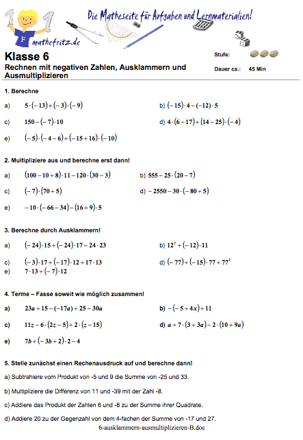 Matheaufgaben Ausmultiplizieren ausdrucken